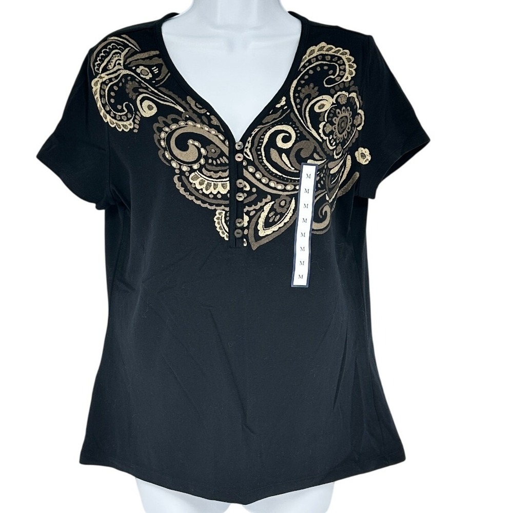 Croft & Barrow Paisley Henley Top Women Size M Black Gold Paisley Print Stretch